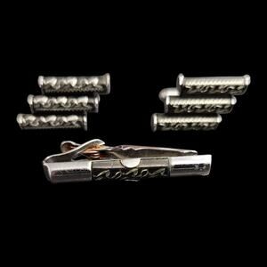 Vintage Swank Silver Tone Cufflinks Tie Clip Set Chain Inlay
